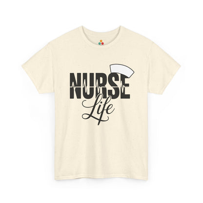 Beige t-shirt with 'Nurse Life' text and a nurse hat graphic on a white background