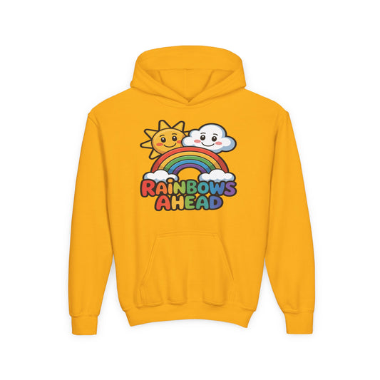 Youth Hoodie — "Rainbows Ahead" Cute Sun & Cloud Rainbow Kids Sweatshirt TEEZOCA