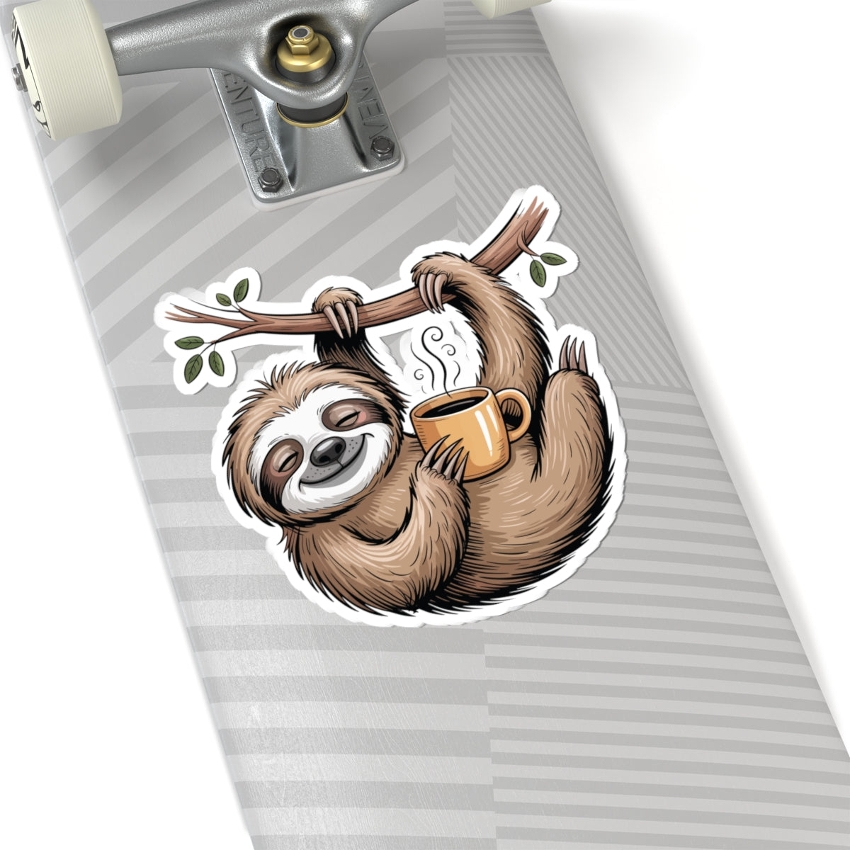 TEEZOCA cute sloth coffee sticker showing a relaxed sloth holding a warm mug