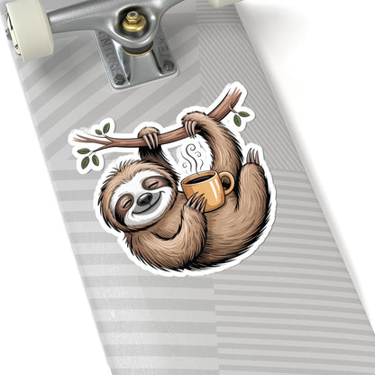 TEEZOCA cute sloth coffee sticker showing a relaxed sloth holding a warm mug
