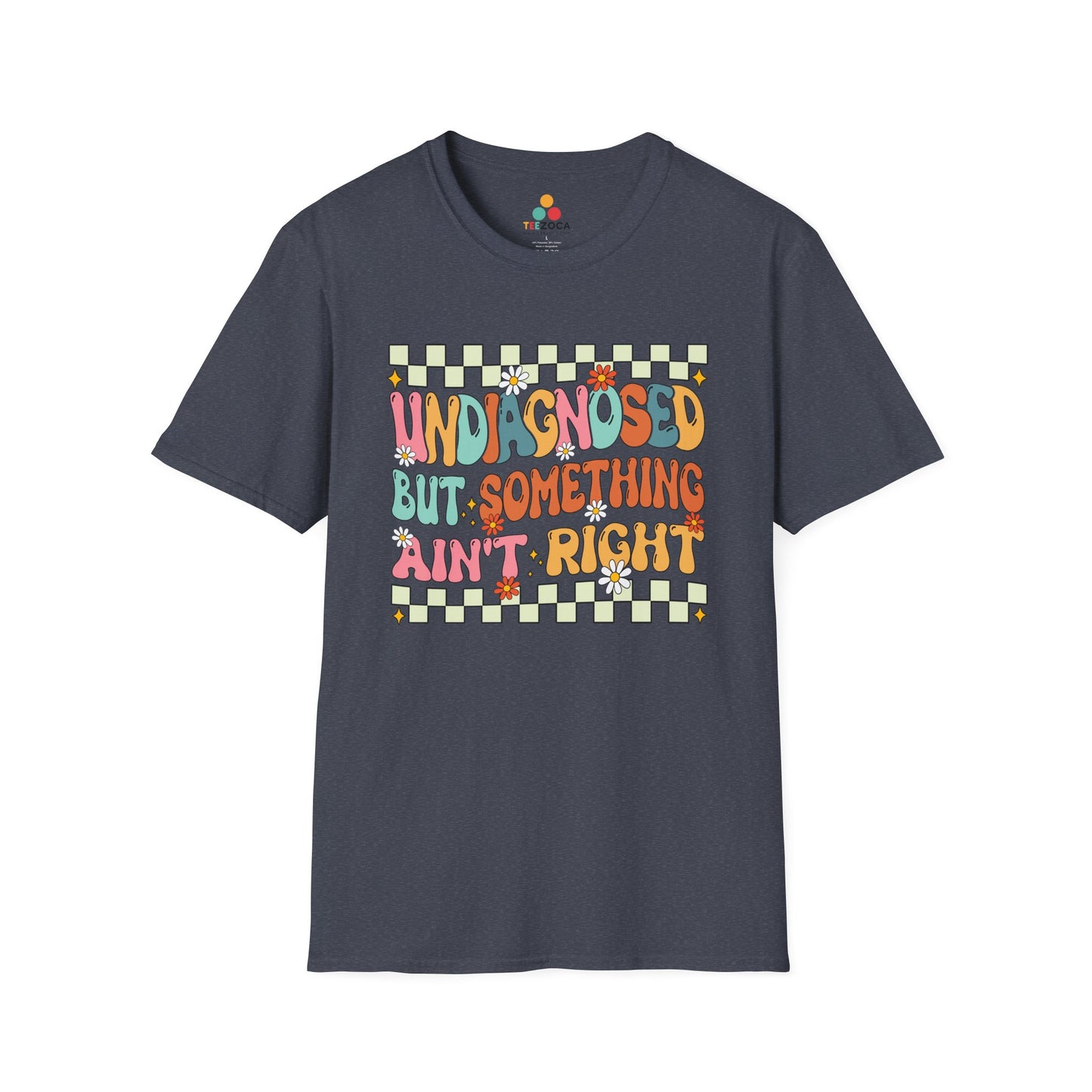 Gray t-shirt with colorful text and checkered border on a white background