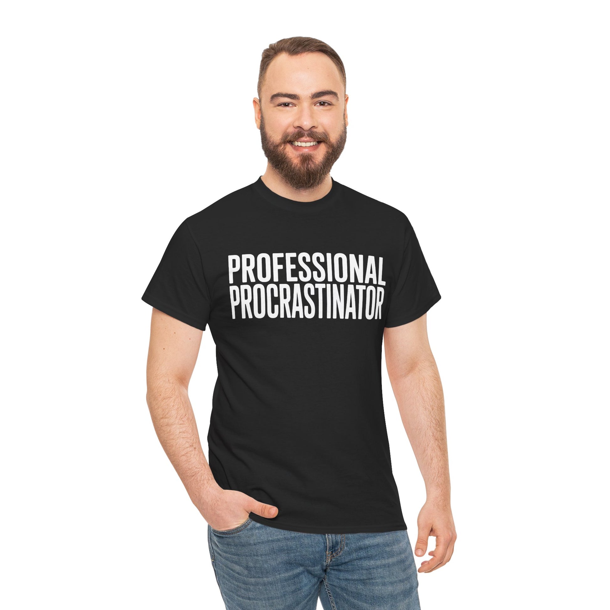 Man wearing a black t-shirt with 'PROFESSIONAL PROCRAS TINATOR' text on a white background  | TEEZOCA