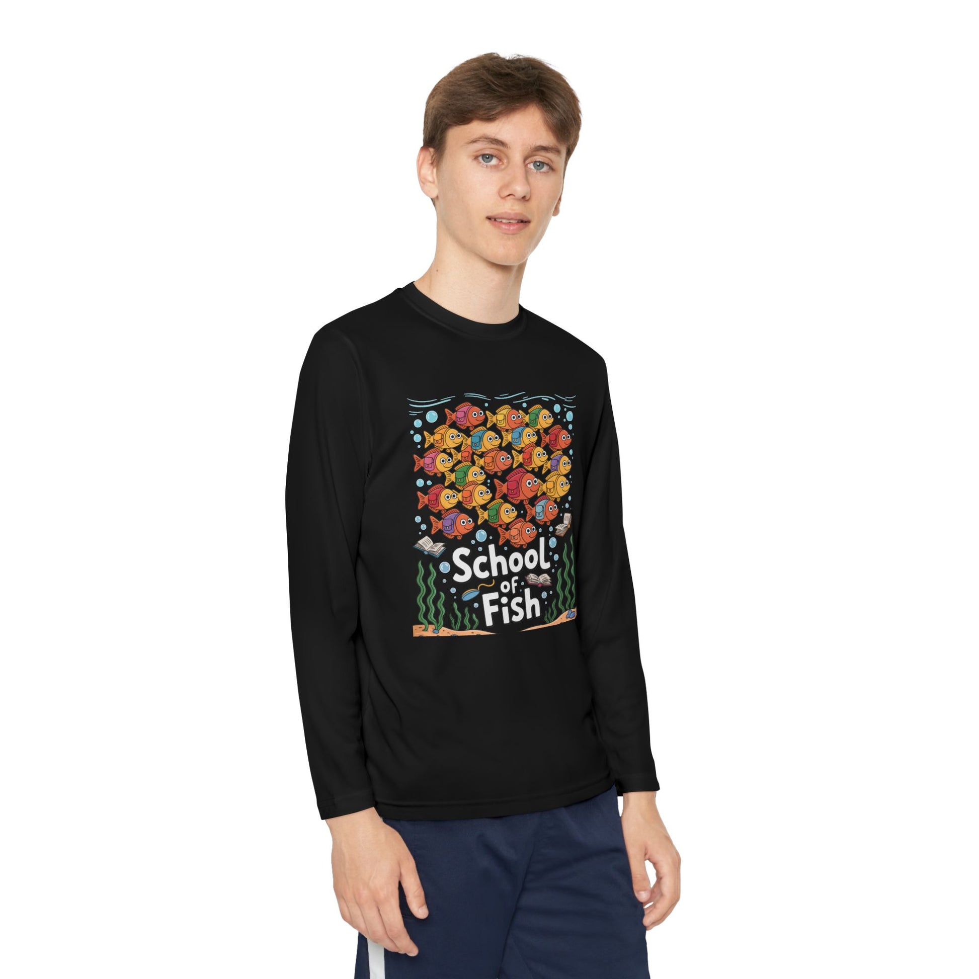 Youth Long Sleeve Tee – "School of Fish" Colorful Kids Graphic Shirt TEEZOCA