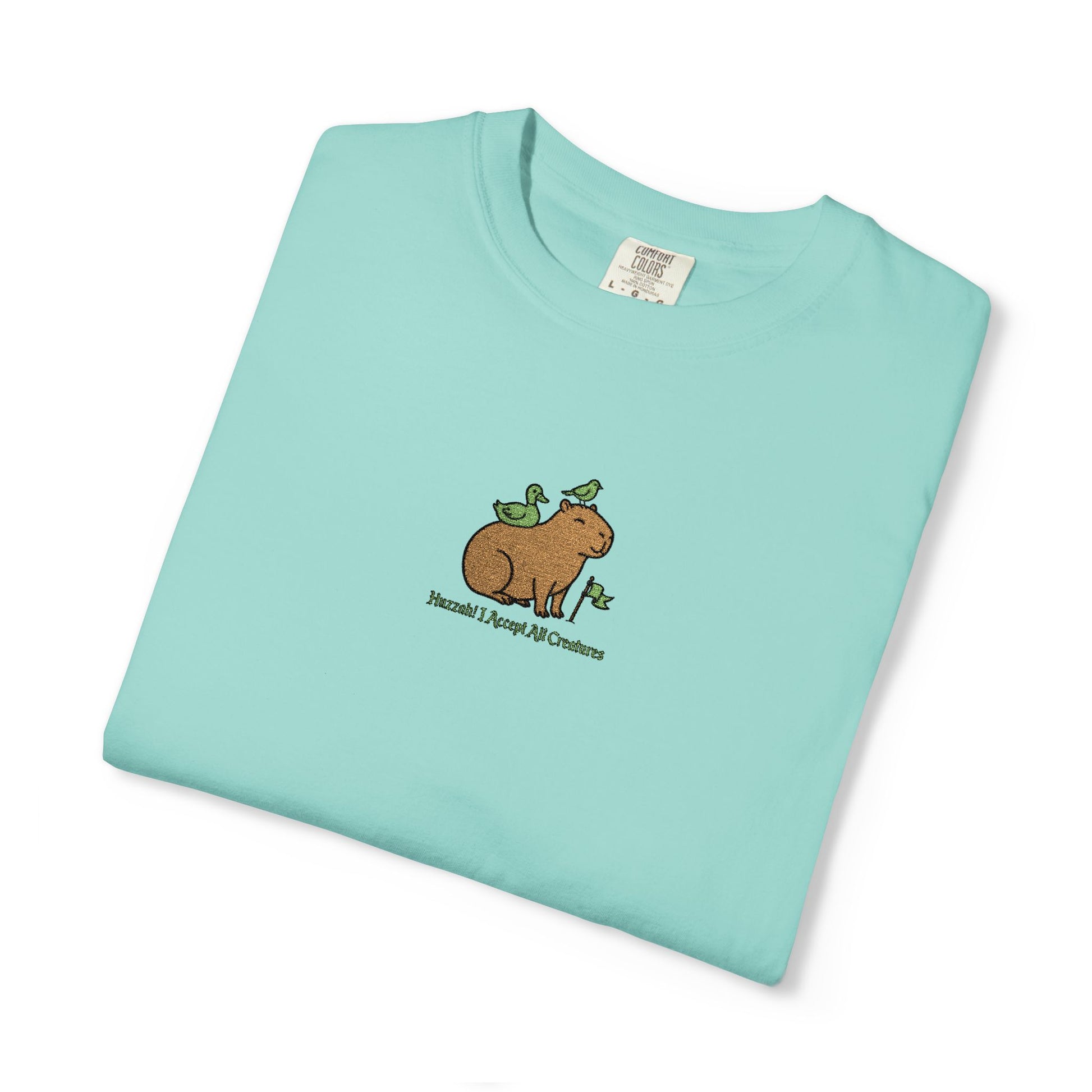 Comfort Colors® Huzzah! I Accept All Creatures Capybara Embroidered T-Shirt | TEEZOCA 