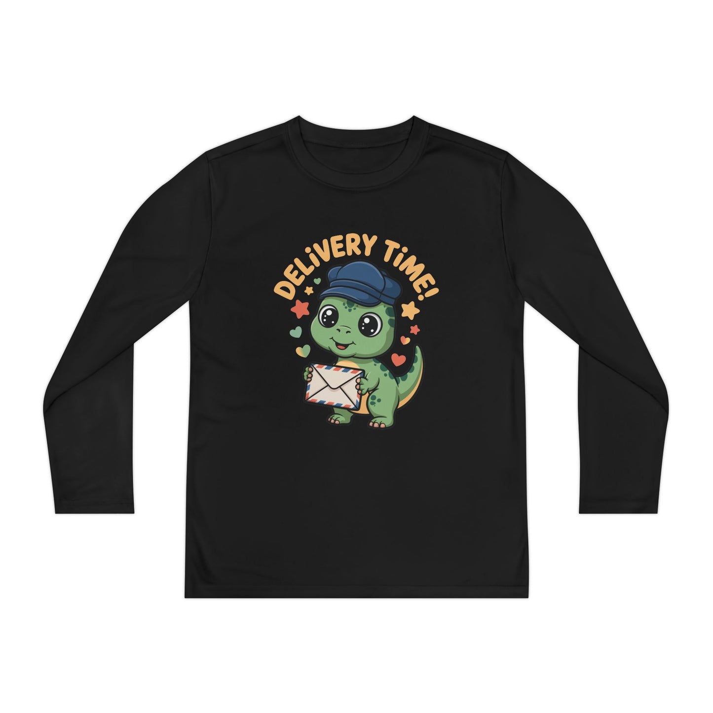 Youth Long Sleeve Tee — Cute Dino 'Delivery Time!' Mail Carrier Shirt TEEZOCA