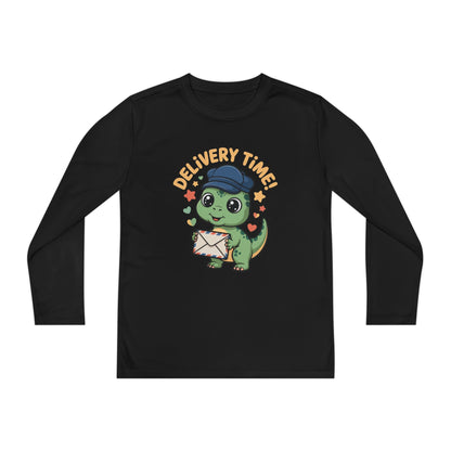 Youth Long Sleeve Tee — Cute Dino 'Delivery Time!' Mail Carrier Shirt TEEZOCA