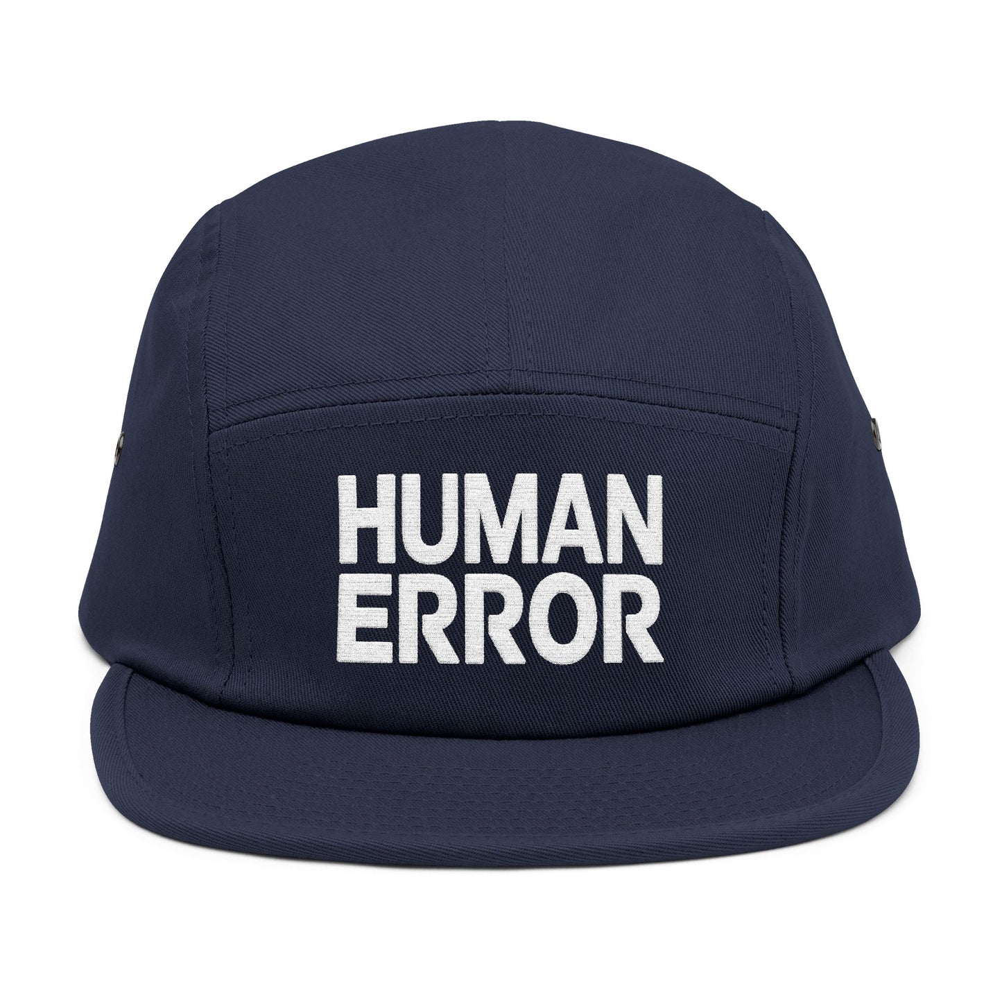 Navy blue cap with 'HUMAN ERROR' text on a white background. Front view of an embroidered 5-panel cap featuring the bold “HUMAN ERROR” typography in white. TEEZOCA