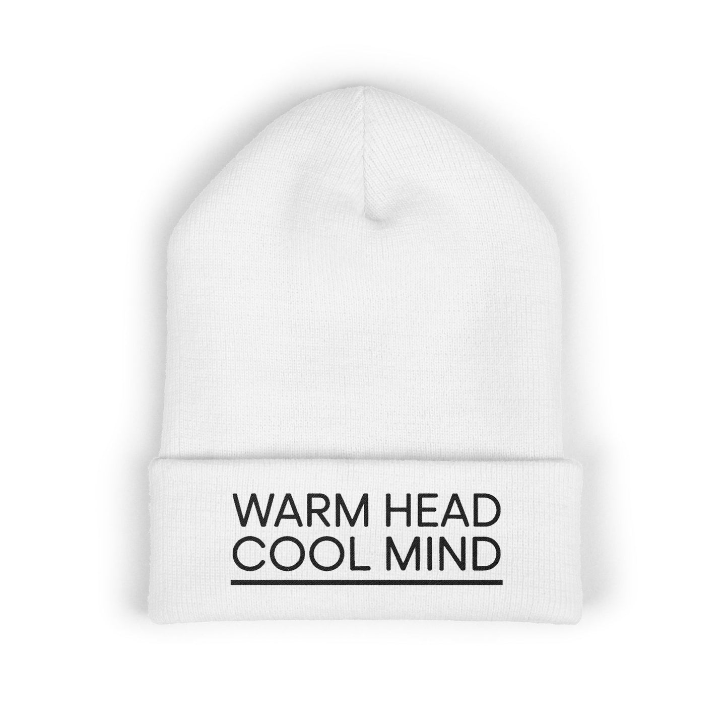 Cuffed winter beanie with ‘Warm Head Cool Mind’ stitched on the fold
