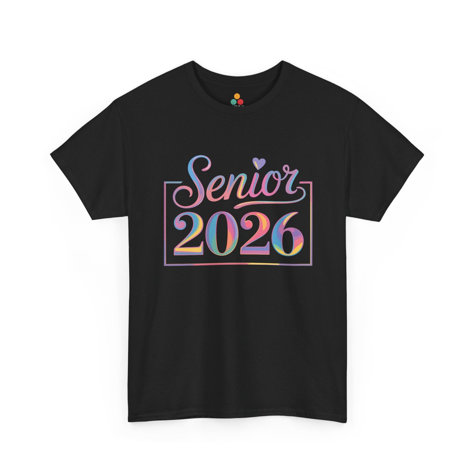 Black TEEZOCA t‑shirt with pastel rainbow “Senior 2026” script and heart graphic shown flat.