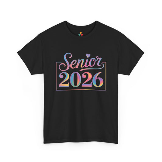 Black TEEZOCA t‑shirt with pastel rainbow “Senior 2026” script and heart graphic shown flat.