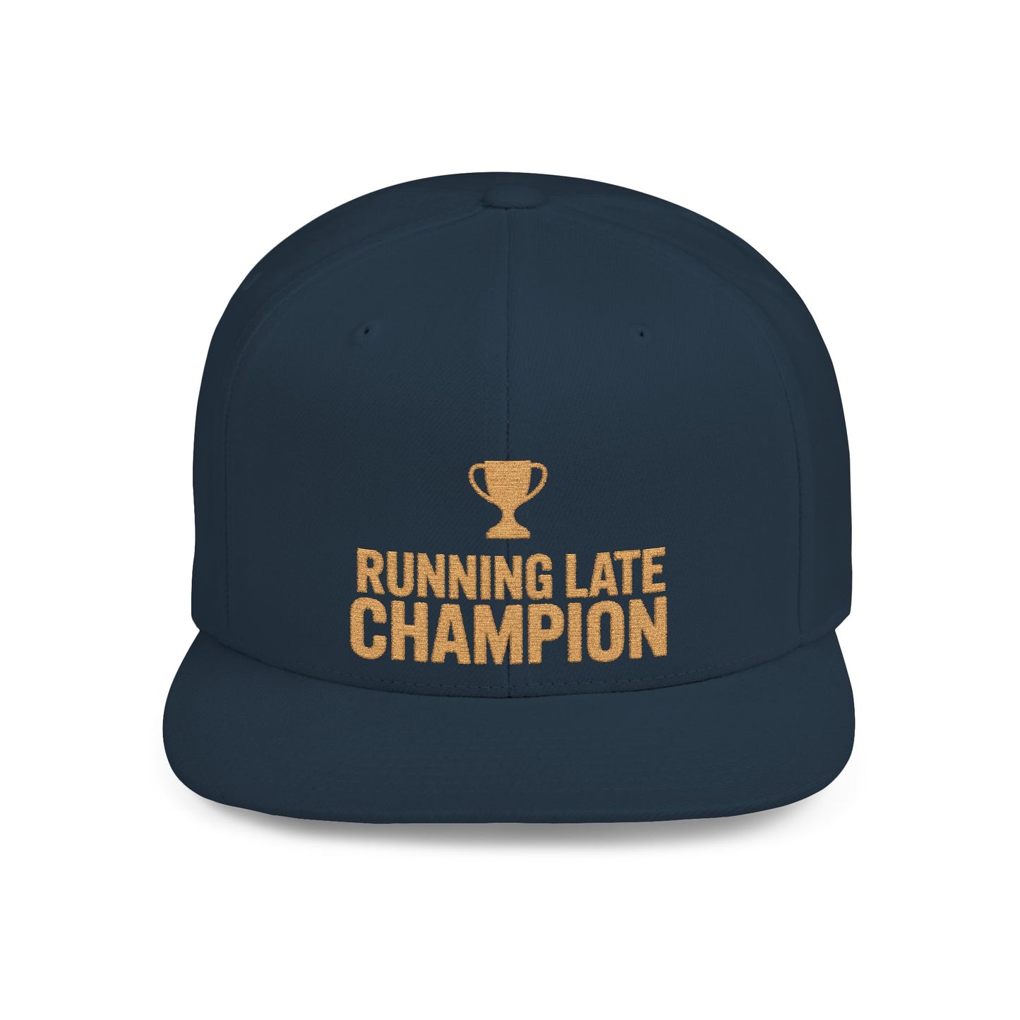 Navy blue cap with 'Running Late Champion' text and trophy graphic on a white background