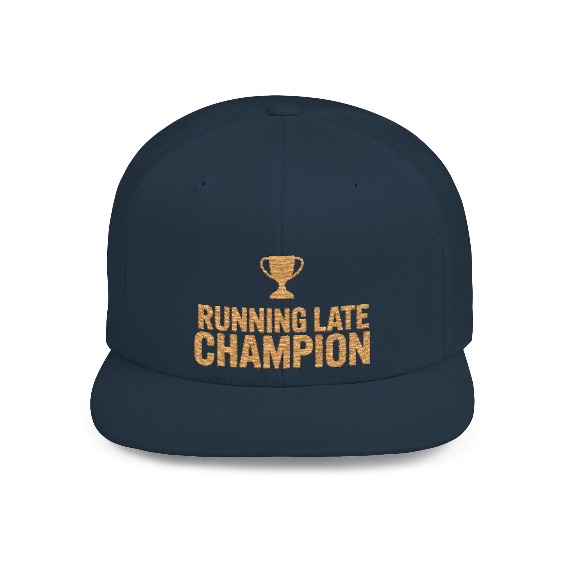 Navy blue cap with 'Running Late Champion' text and trophy graphic on a white background
