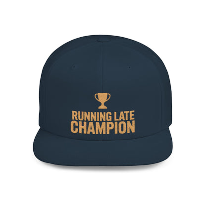 Navy blue cap with 'Running Late Champion' text and trophy graphic on a white background