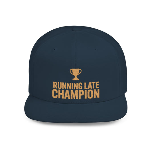 Navy blue cap with 'Running Late Champion' text and trophy graphic on a white background