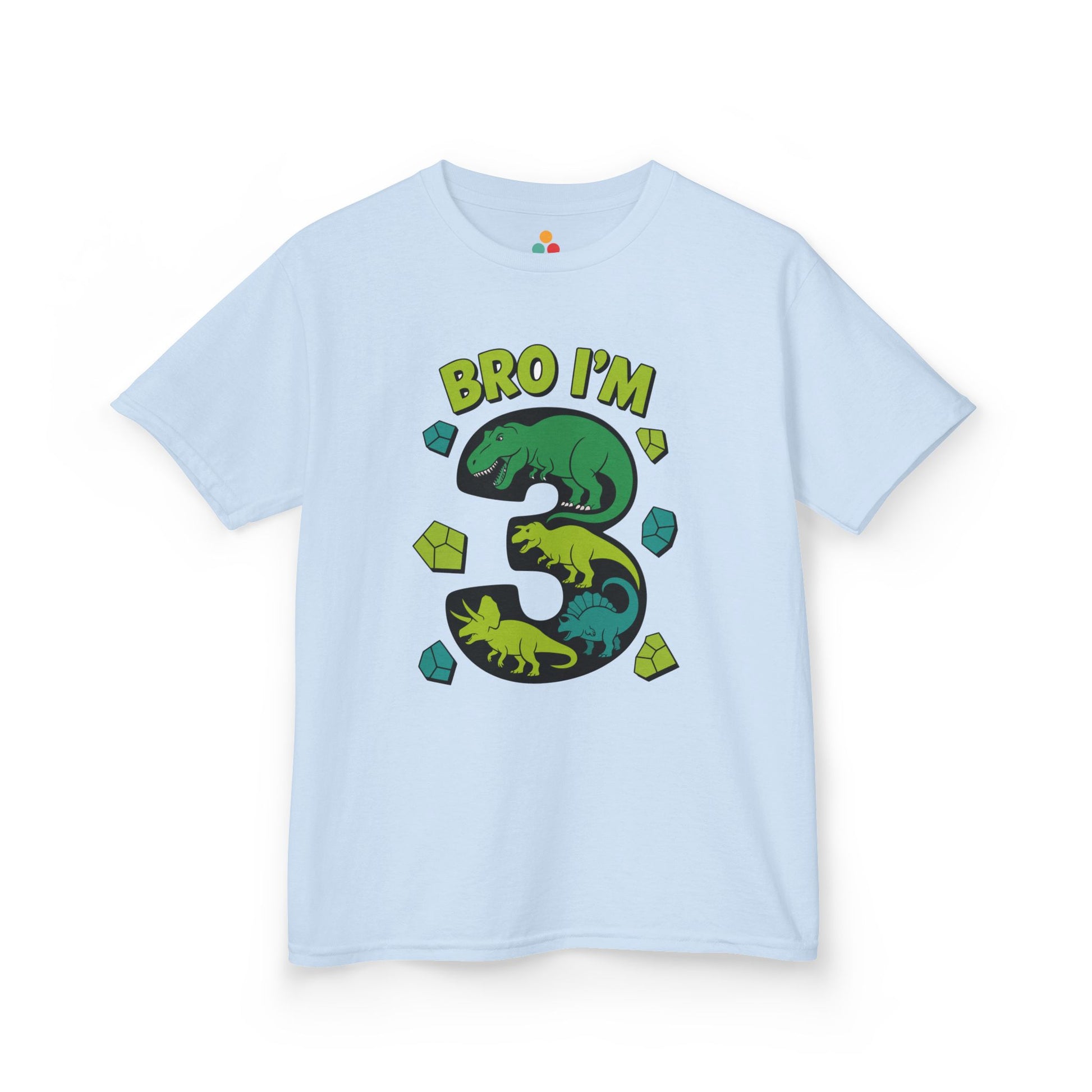 "light blue 'Bro I'm 3' kids shirts with colorful dinosaur number 3 design, flat front view."


