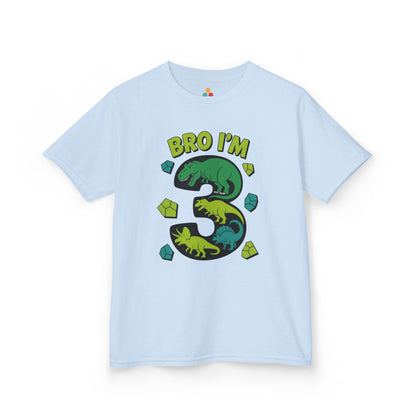 "light blue 'Bro I'm 3' kids shirts with colorful dinosaur number 3 design, flat front view."

