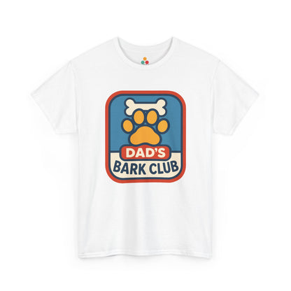"White t‑shirt with colorful orange dog paw print, white bone, and 'DAD'S BARK CLUB' badge design, flat front view."


