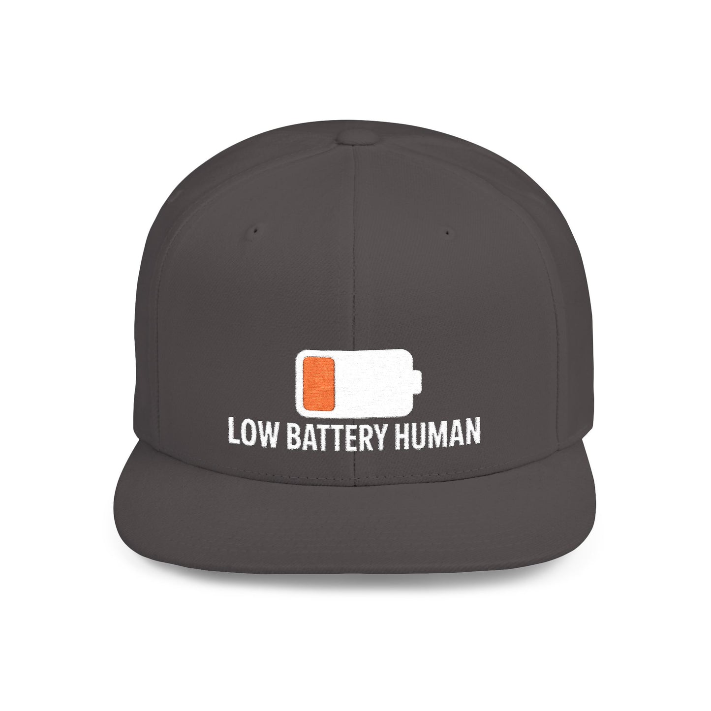 Gray cap with 'Low Battery Human' text and battery icon on a white background