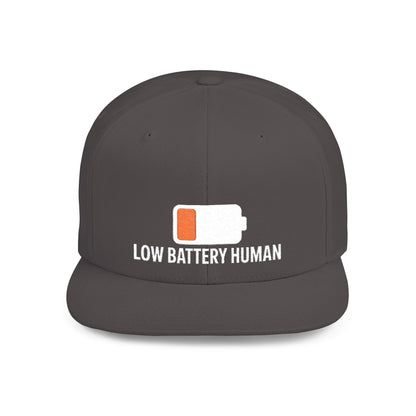 Gray cap with 'Low Battery Human' text and battery icon on a white background
