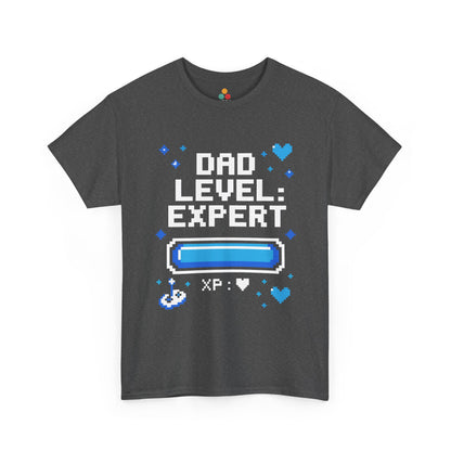 TEEZOCA dark gray “Dad Level: Expert” funny gamer dad T‑shirt displayed on a plain background.
