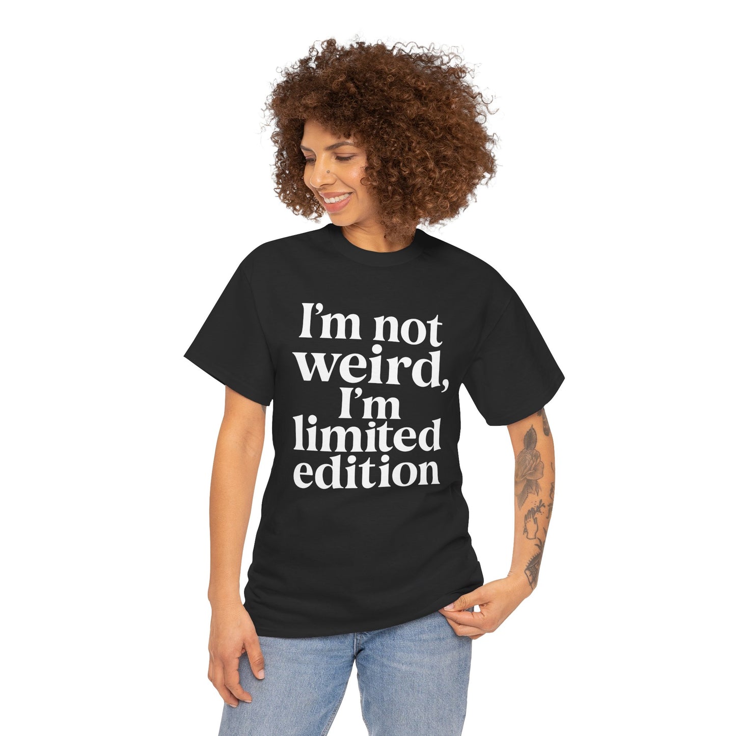 “Female model wearing Teezoca I’m Not Weird I’m Limited Edition t-shirt, funny unique personality quote, black unisex tee, front.”

