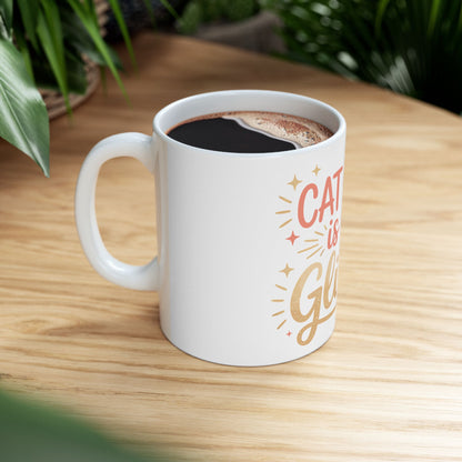 TEEZOCA coffee mug displaying the Cat Hair Is My Glitter design for cat owners