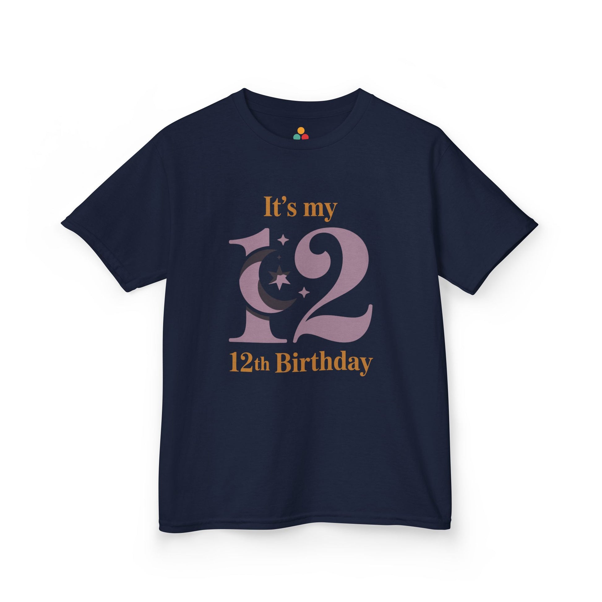 Navy kids’ t‑shirt with mauve “12” moon and stars graphic and gold “It’s my 12th Birthday” text, flat front view.