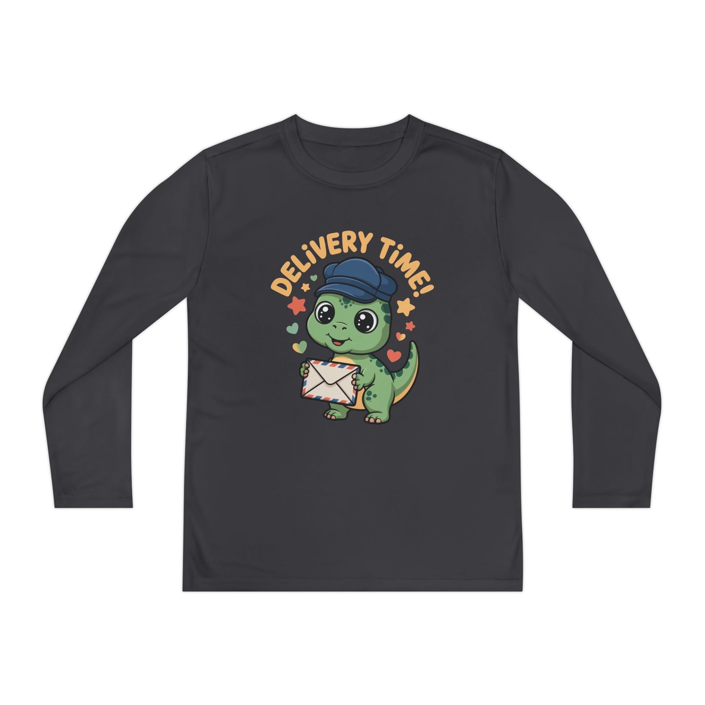 Youth Long Sleeve Tee — Cute Dino 'Delivery Time!' Mail Carrier Shirt TEEZOCA