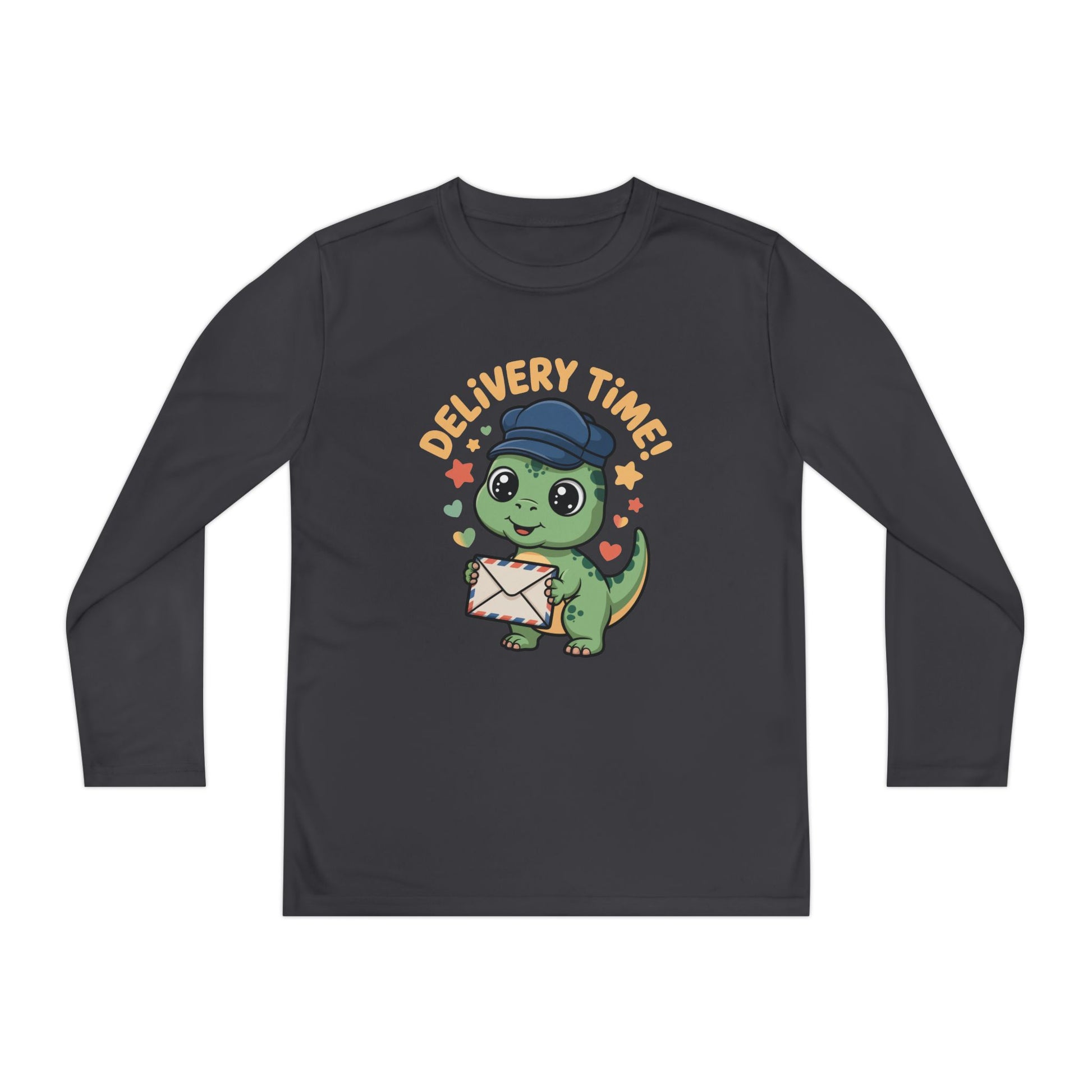 Youth Long Sleeve Tee — Cute Dino 'Delivery Time!' Mail Carrier Shirt TEEZOCA
