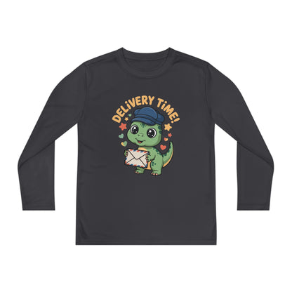 Youth Long Sleeve Tee — Cute Dino 'Delivery Time!' Mail Carrier Shirt TEEZOCA