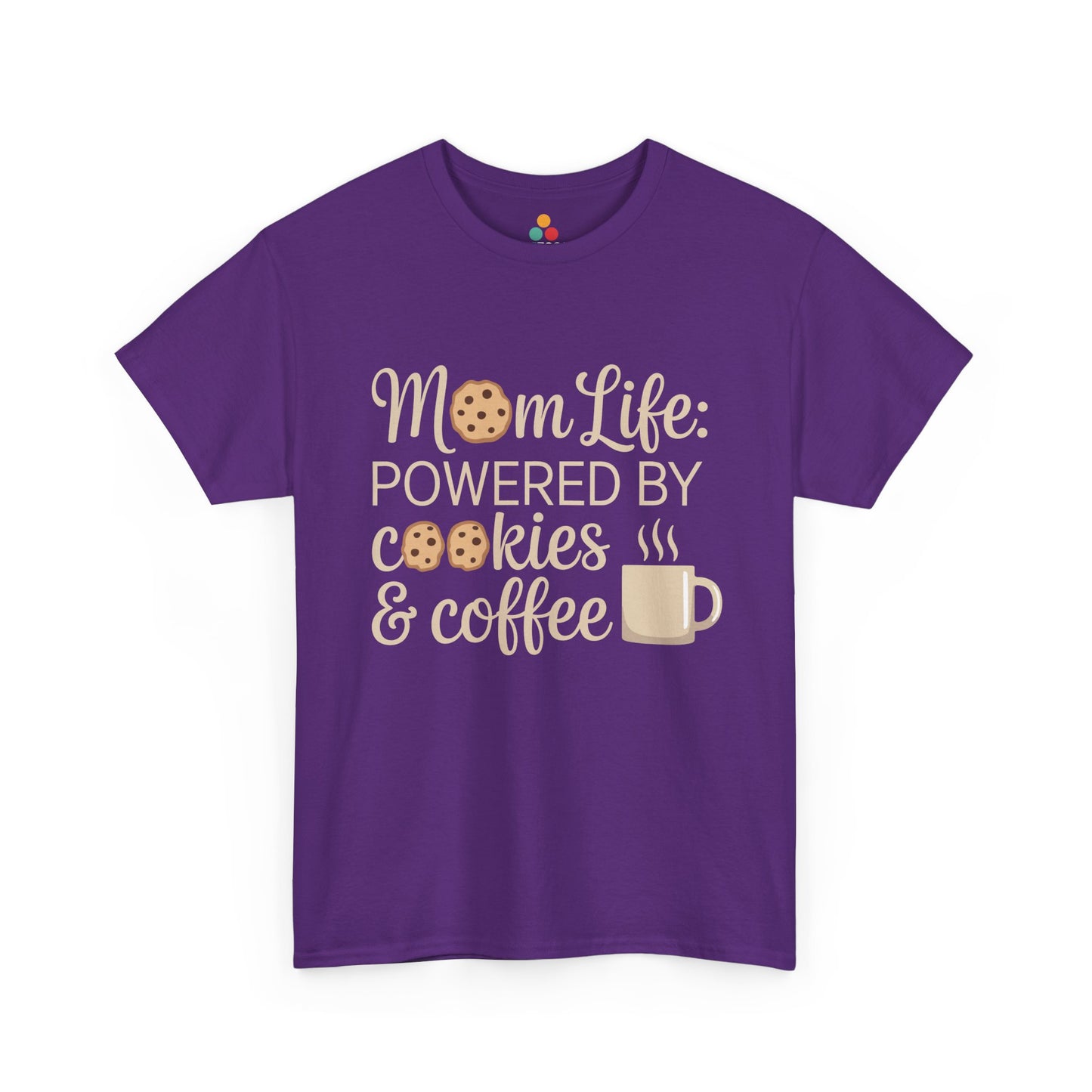 TEEZOCA purple “Mom Life: Powered By Cookies & Coffee” coffee mom life tee on a flat lay.