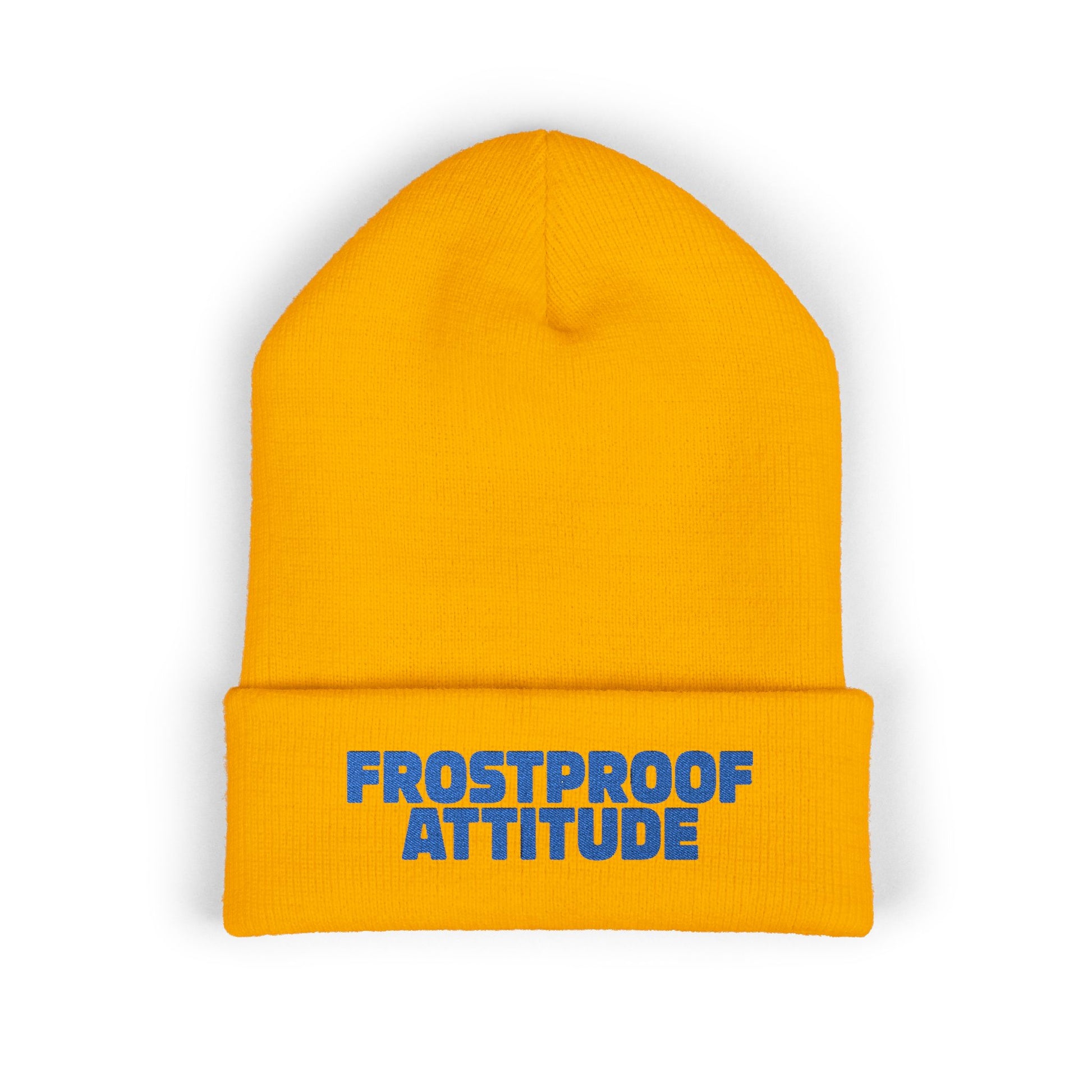 Cozy cuffed beanie with blue Frostproof Attitude embroidery for cold weather