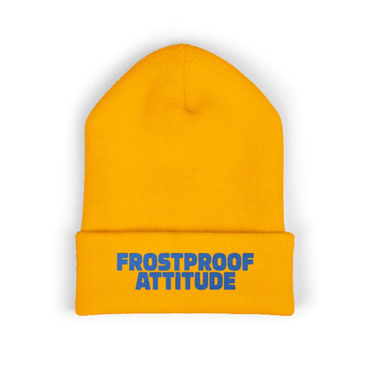 Cozy cuffed beanie with blue Frostproof Attitude embroidery for cold weather