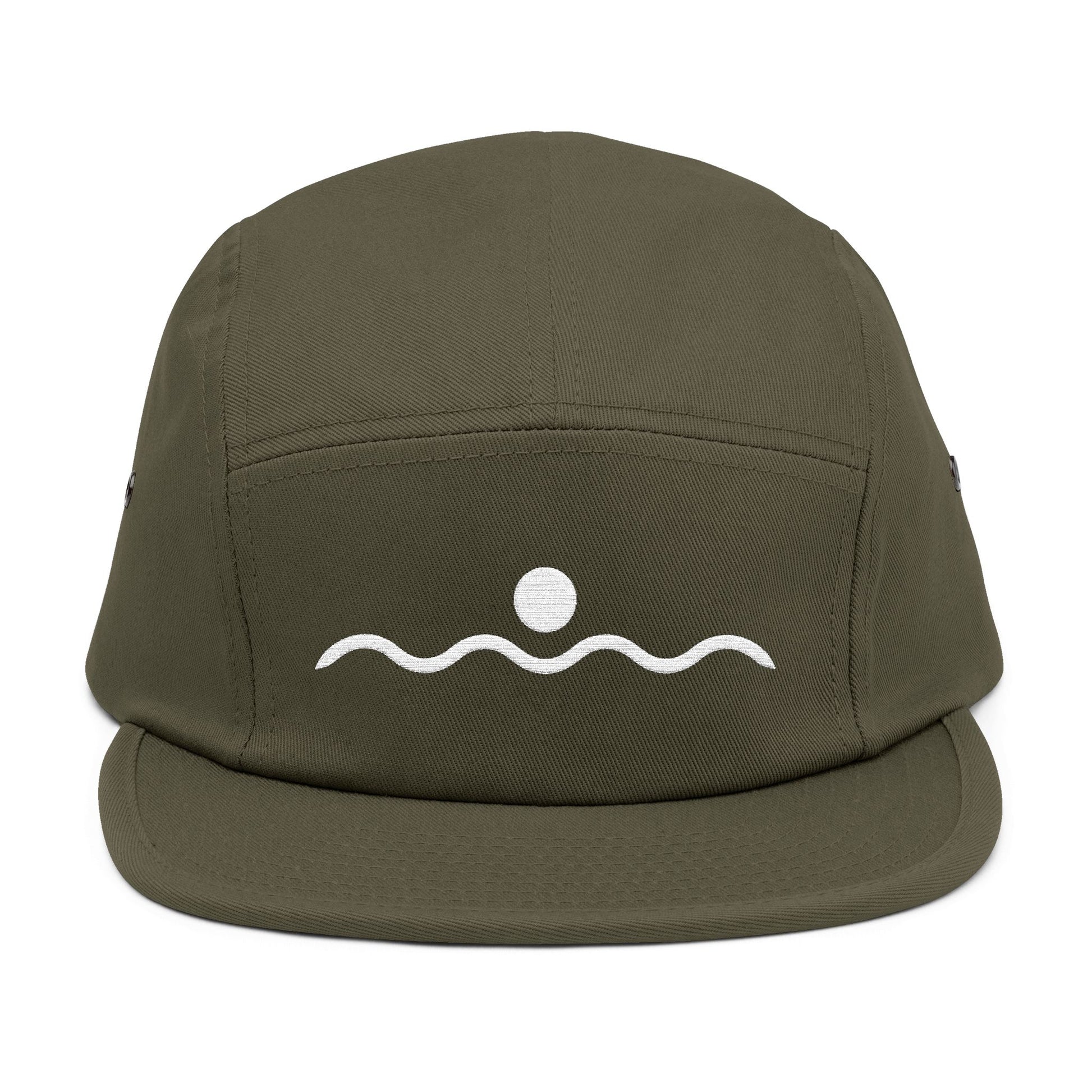 Green cap with a white wave and circle design on a white background. Minimal sunset and wave line-art graphic in white. TEEZOCA