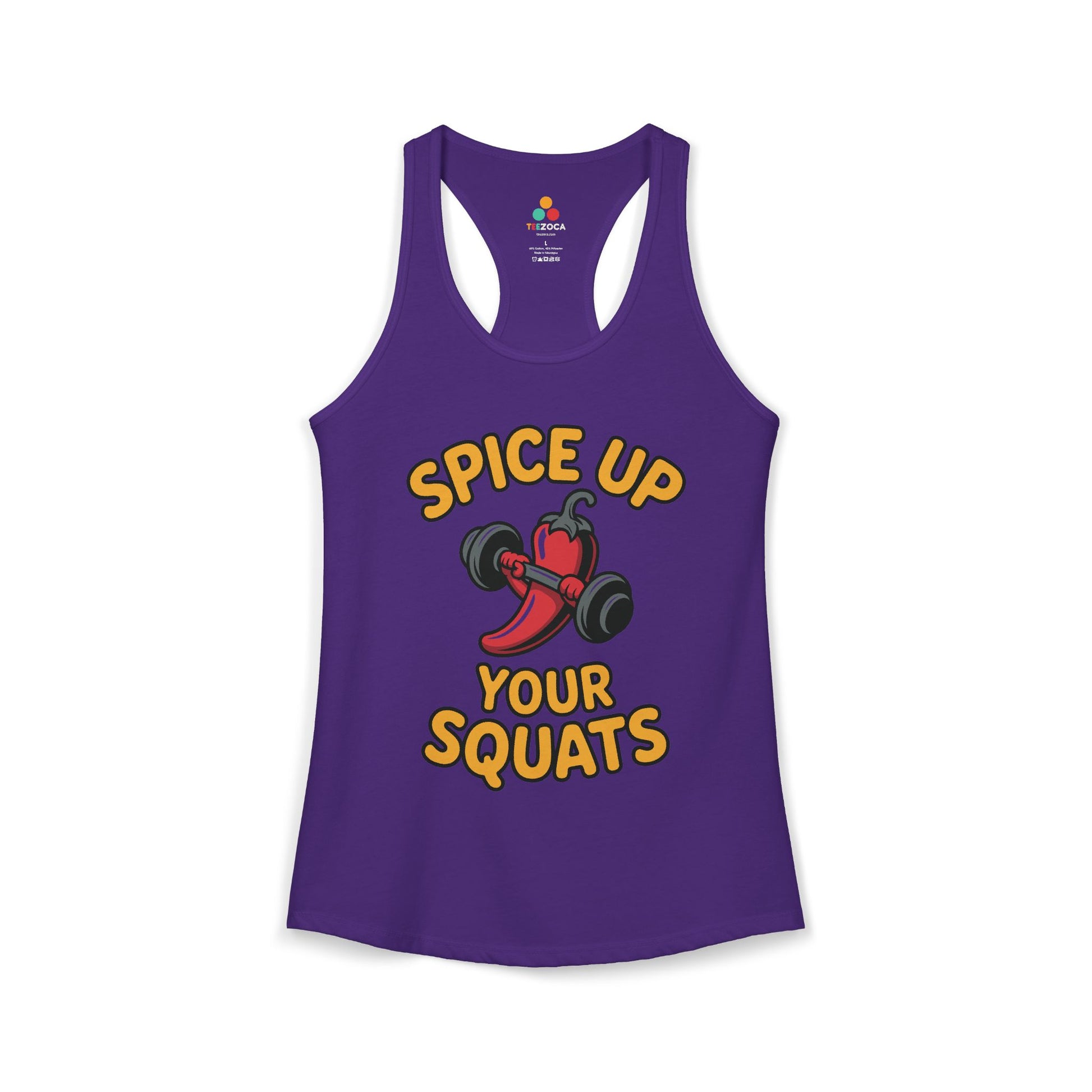 Purple tank top with 'Spice Up Your Squats' text and graphic on a white background. TEEZOCA women’s fitness tank top with “Spice Up Your Squats” chili pepper gym design