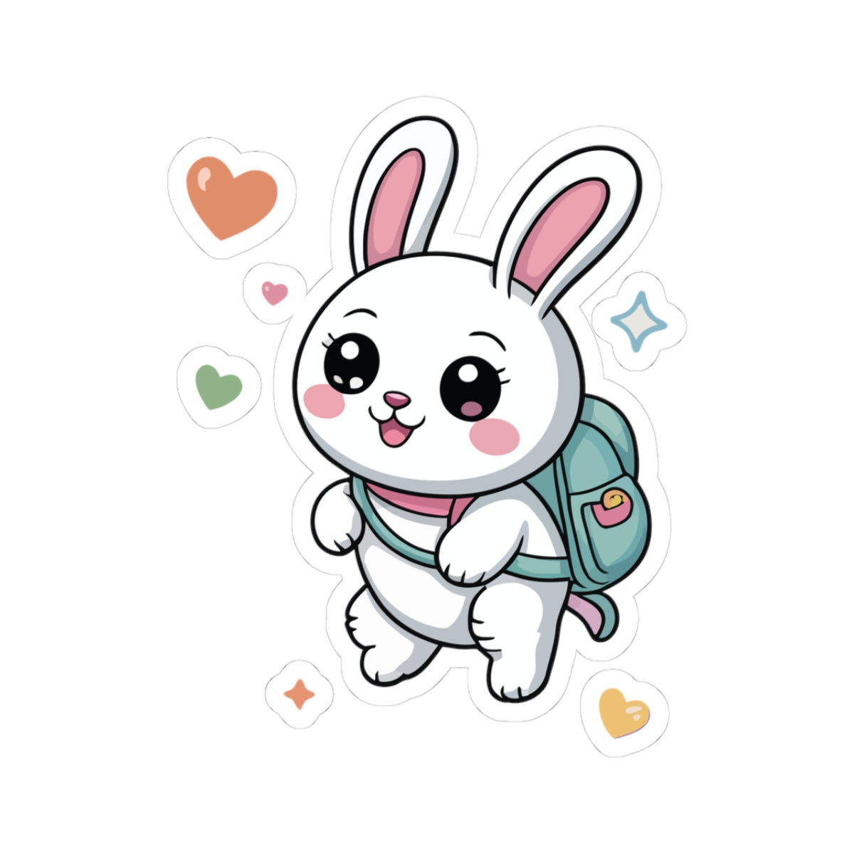 TEEZOCA cute backpack bunny sticker showing a kawaii white rabbit with pastel school bag