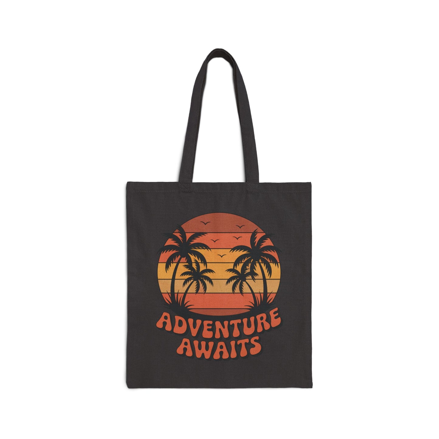 TEEZOCA tote bag with Adventure Awaits sunset palm tree graphic design