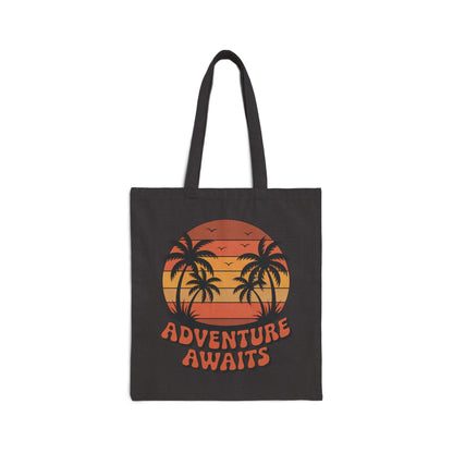 TEEZOCA tote bag with Adventure Awaits sunset palm tree graphic design