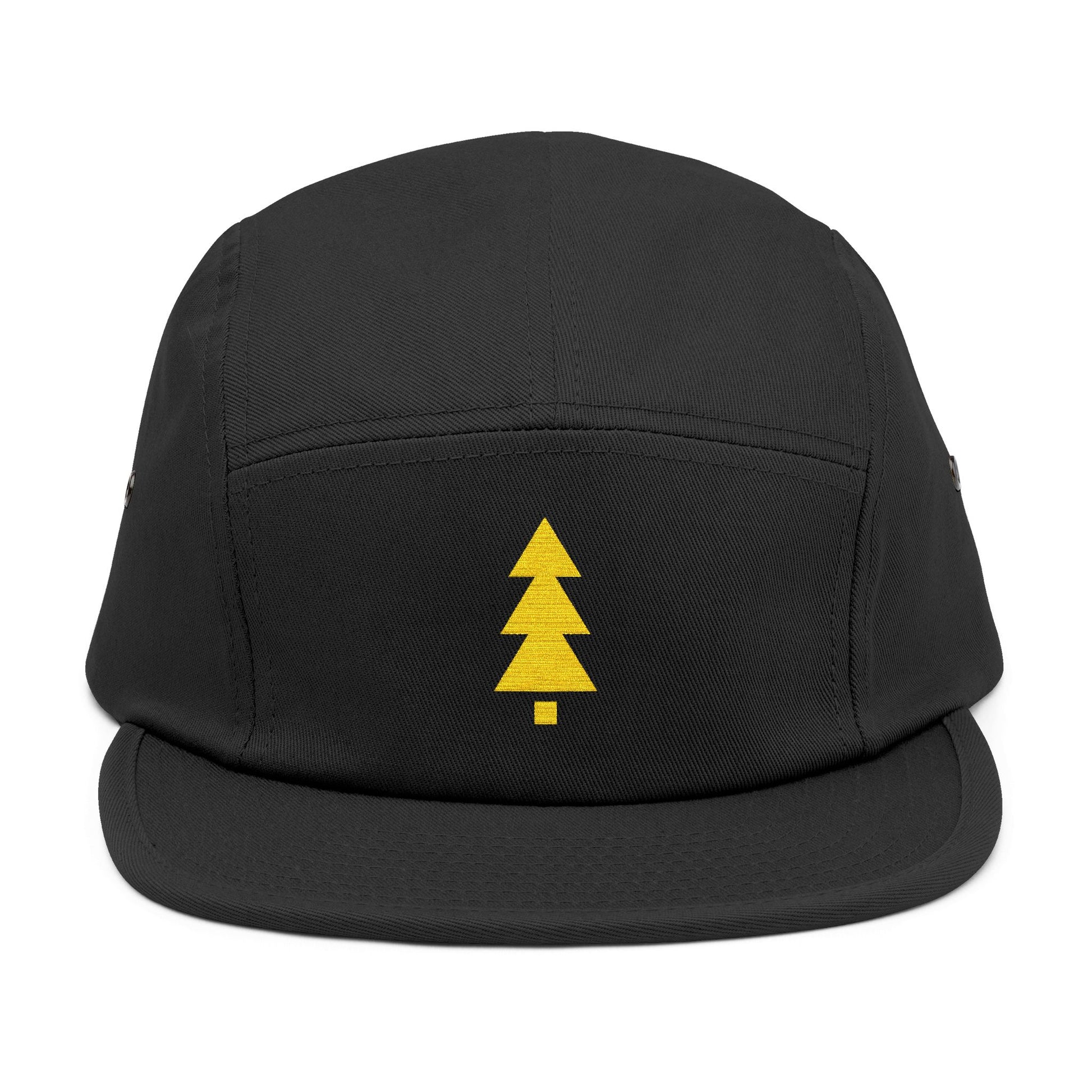 Black cap with a yellow pine tree design on a white background. Clean modern holiday tree symbol designed for embroidery. TEEZOCA