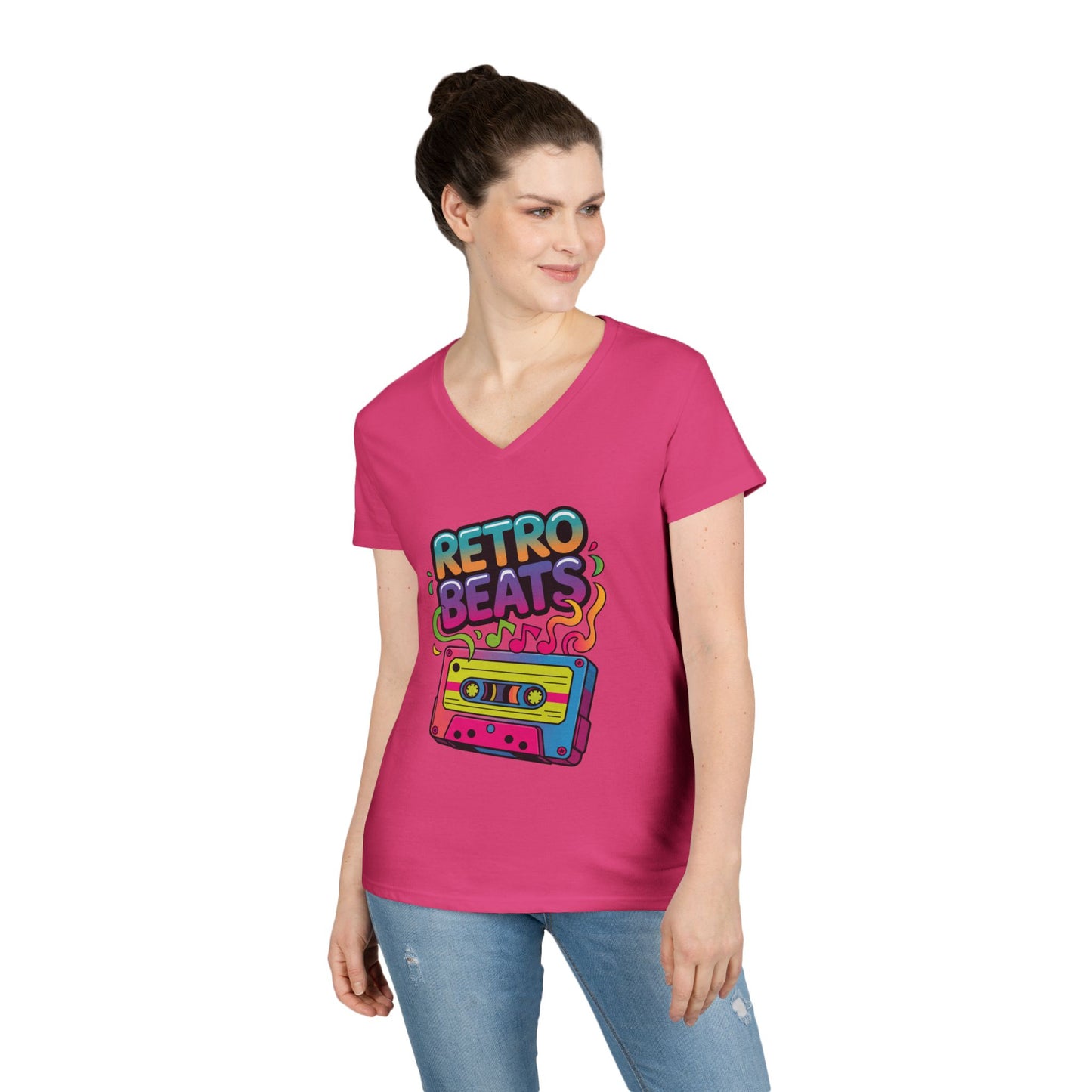 Retro Beats Cassette Art Ladies’ V-Neck T-Shirt Colorful Music Vibes | TEEZOCA 