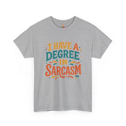 “Teezoca gray I Have a Degree in Sarcasm shirt, teal and orange retro text design, funny quote tee, front.”
