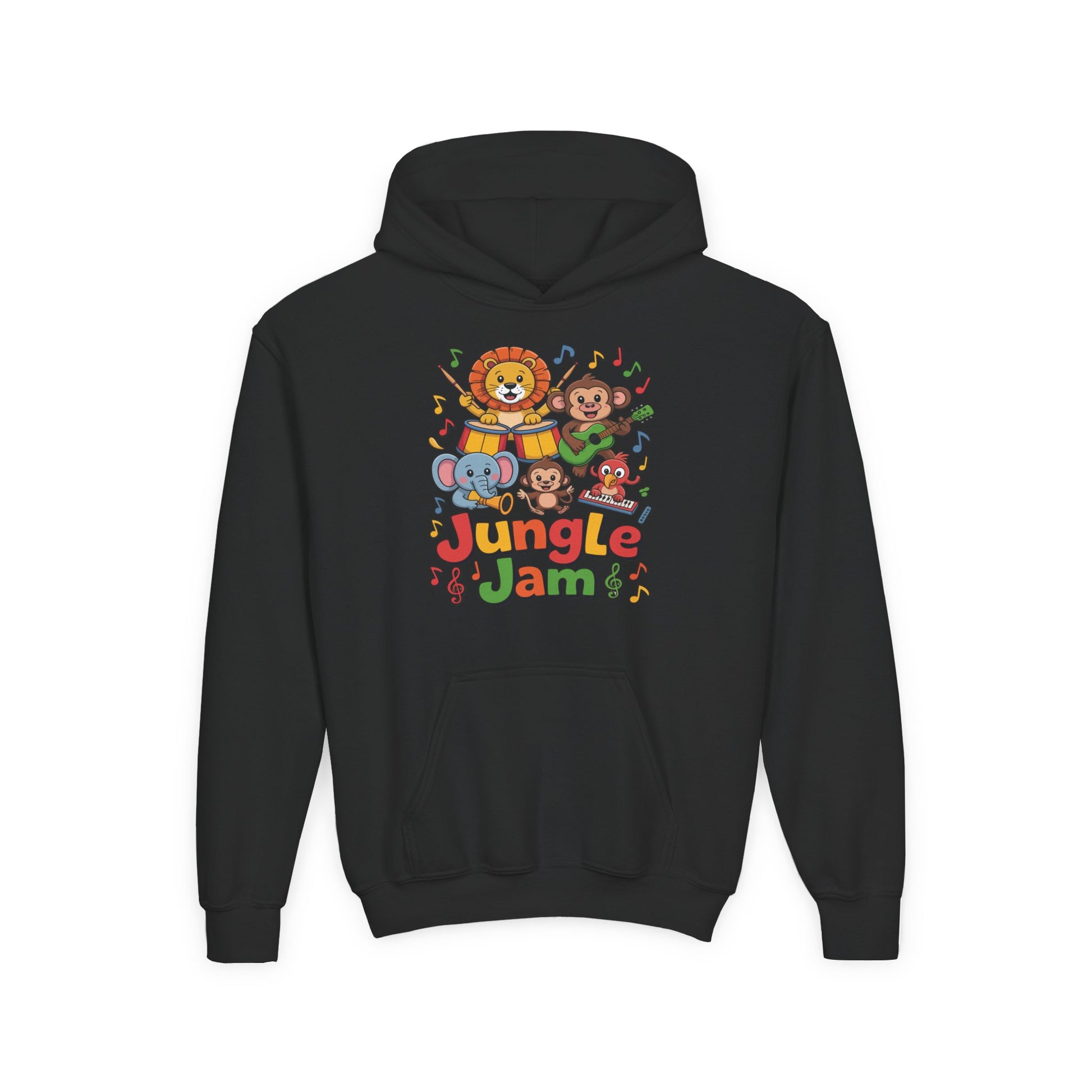 Children’s hoodie featuring lion monkey elephant jungle music scene TEEZOCA