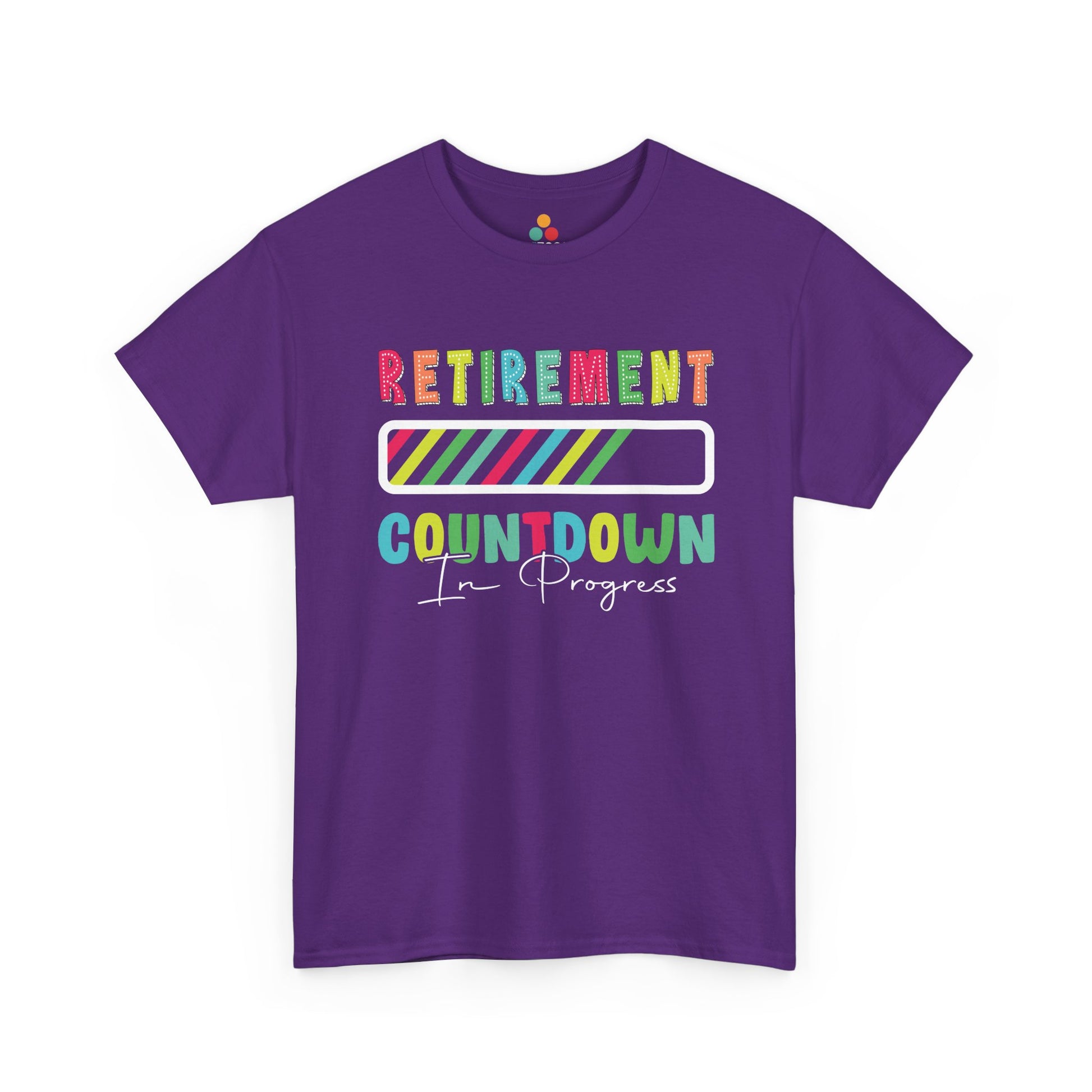 “Teezoca Retirement Countdown In Progress shirt, bright rainbow retirement design, purple tee, flat front display.”

