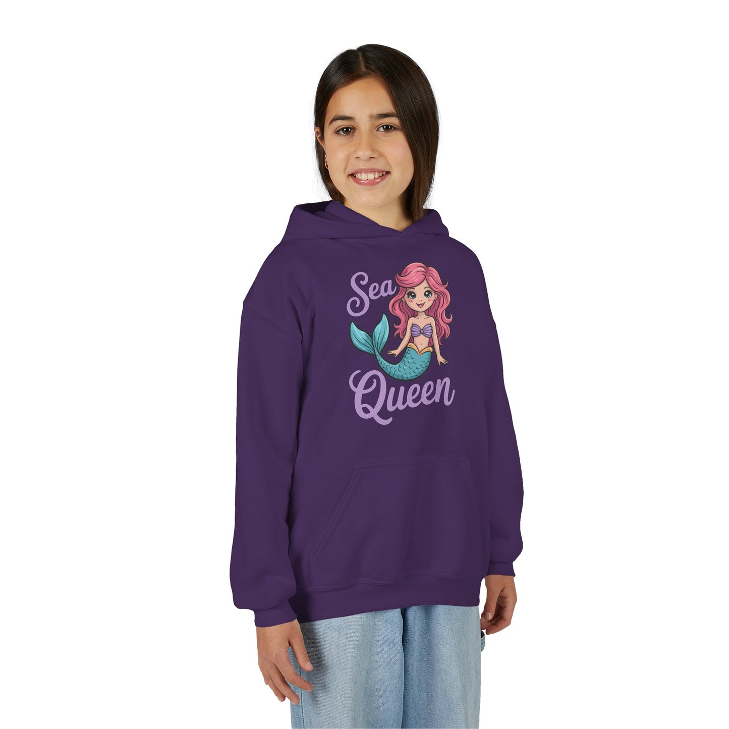 Kids hoodie with cute mermaid illustration and Sea Queen text TEEZOCA