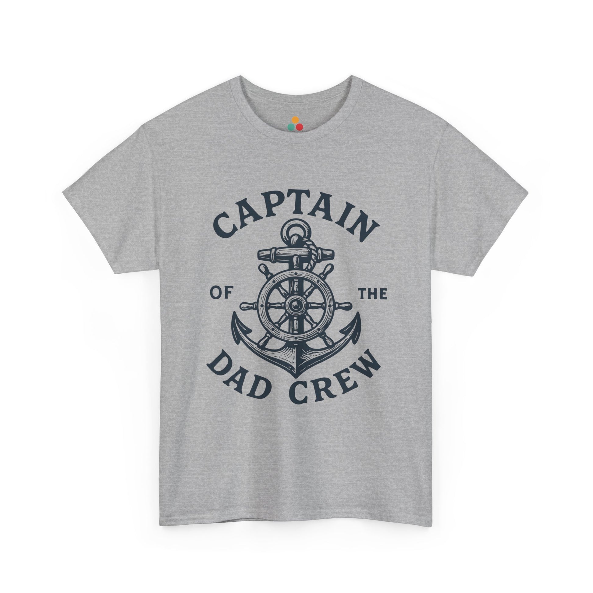 “Teezoca gray Captain of the Dad Crew nautical dad shirt, classic ship wheel and anchor illustration, front display.”

