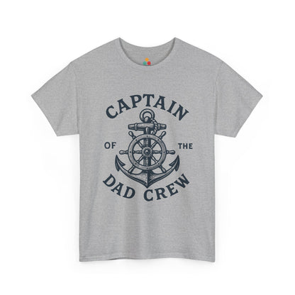 “Teezoca gray Captain of the Dad Crew nautical dad shirt, classic ship wheel and anchor illustration, front display.”

