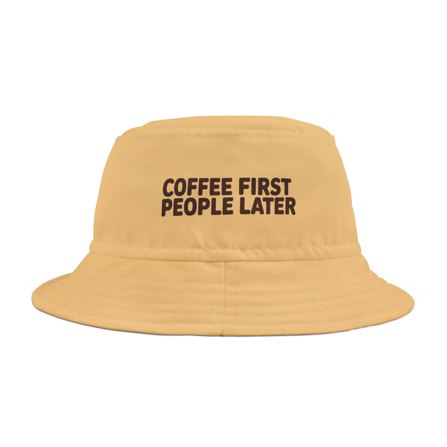 Funny yellow bucket hat with 'Coffee First, People Later' text on a white background. TEECOZA