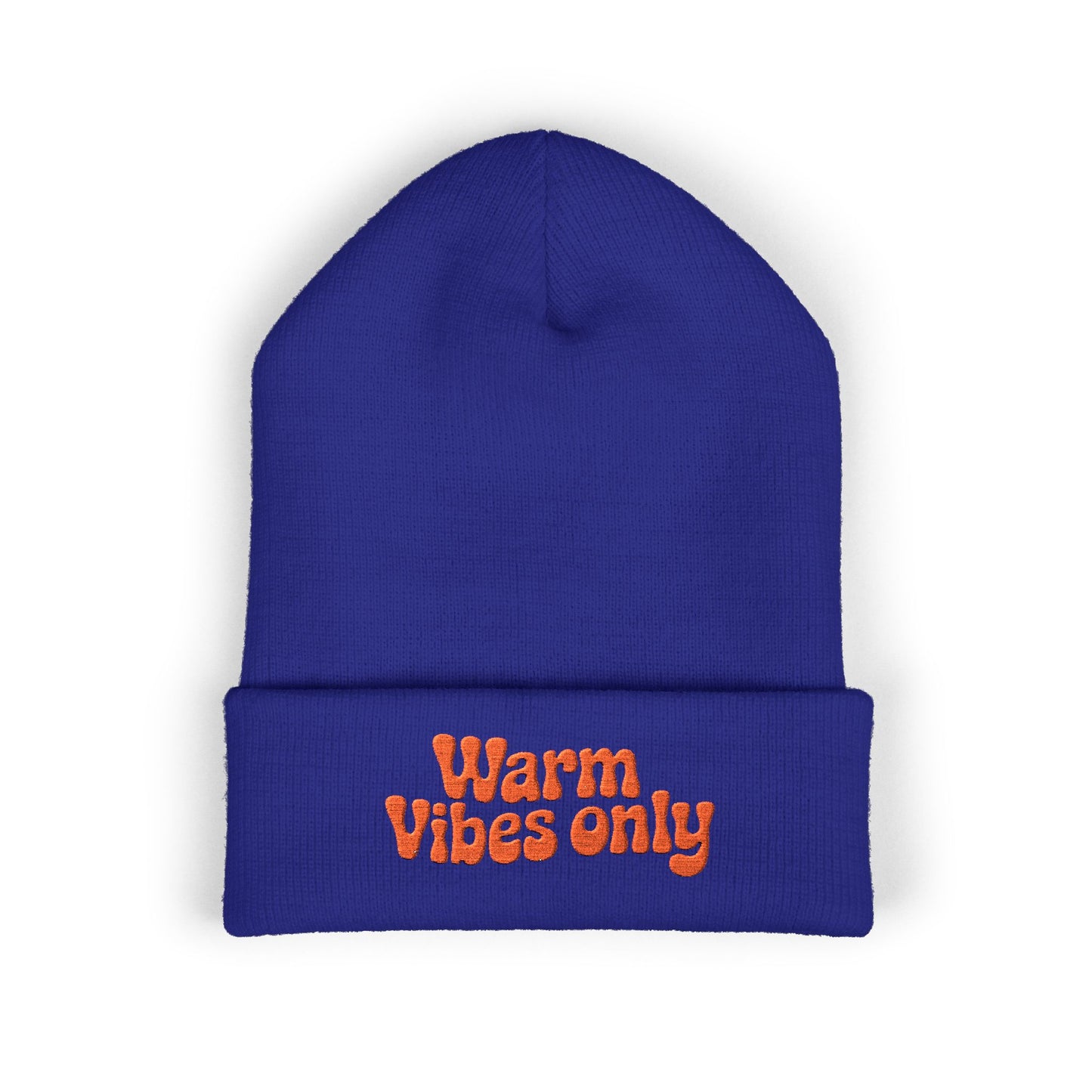 Blue beanie with 'Warm Vibes only' text in orange on a white background. Winter beanie with bold orange embroidered text adding warm, positive energy.