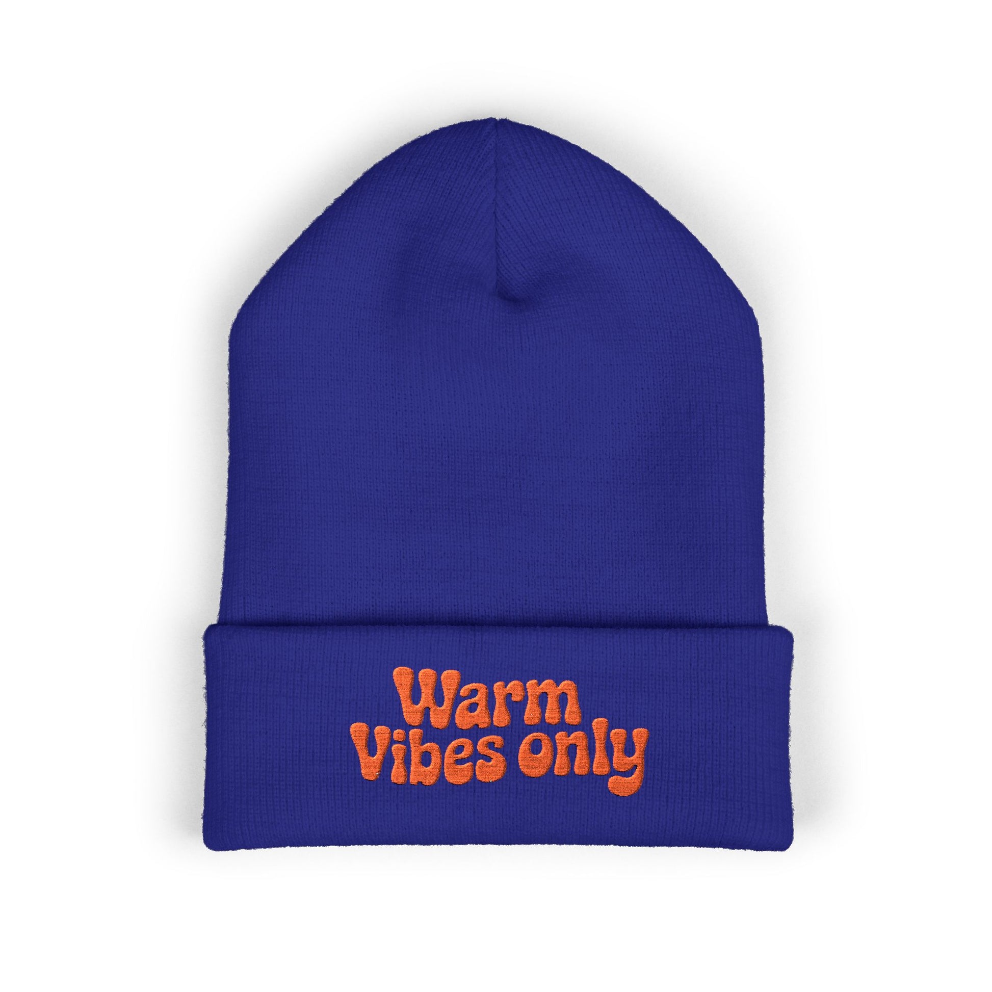 Blue beanie with 'Warm Vibes only' text in orange on a white background. Winter beanie with bold orange embroidered text adding warm, positive energy.