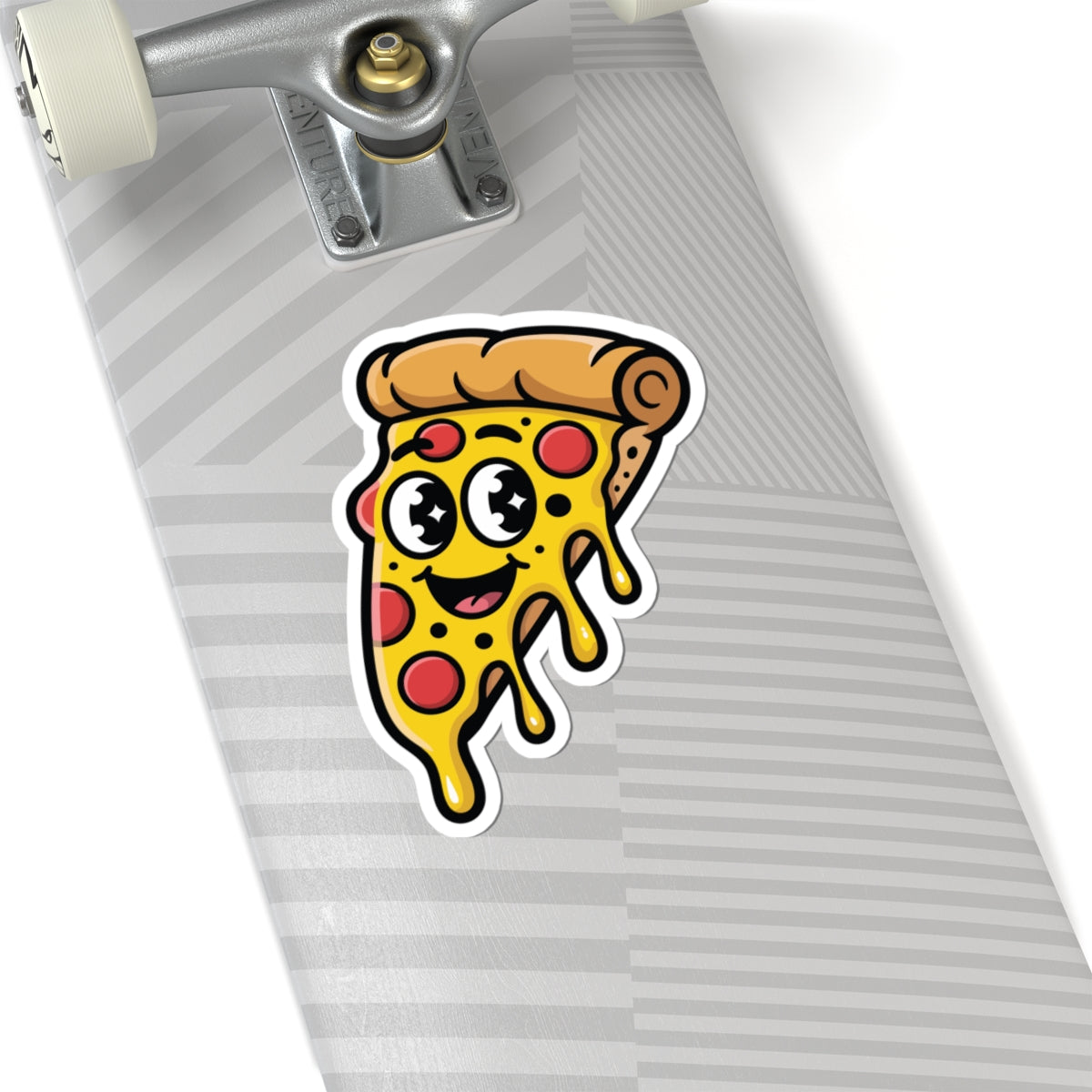Skateboard with a pizza slice sticker featuring eyes and a smile on a white background. TEEZOCA